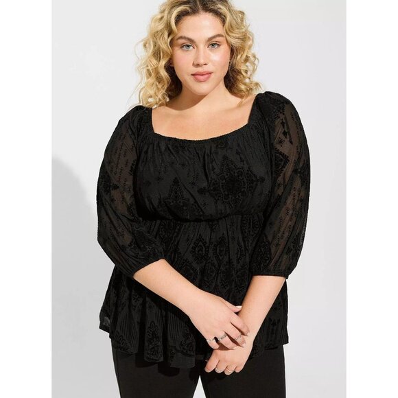 Torrid Black Flocked‎ Mesh Square Neck Puff Sleeve Peasant Top Goth Boho Plus 1 - Picture 1 of 9